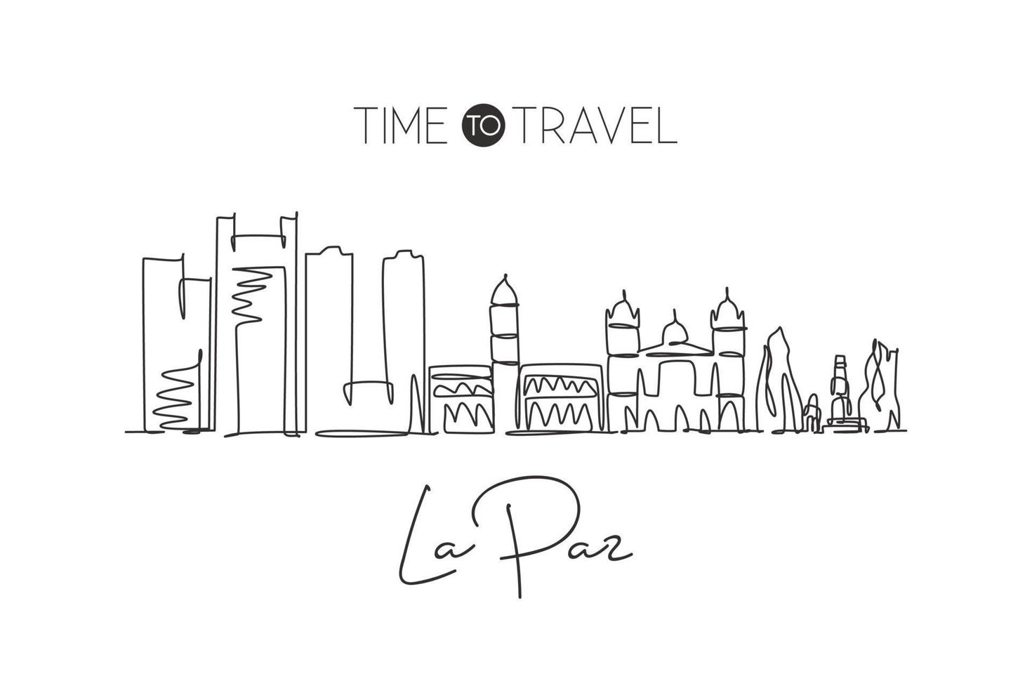 One continuous line drawing La Paz city skyline, Bolivia. Beautiful landmark. World landscape tourism and travel vacation postcard. Editable stylish stroke single line draw design vector illustration