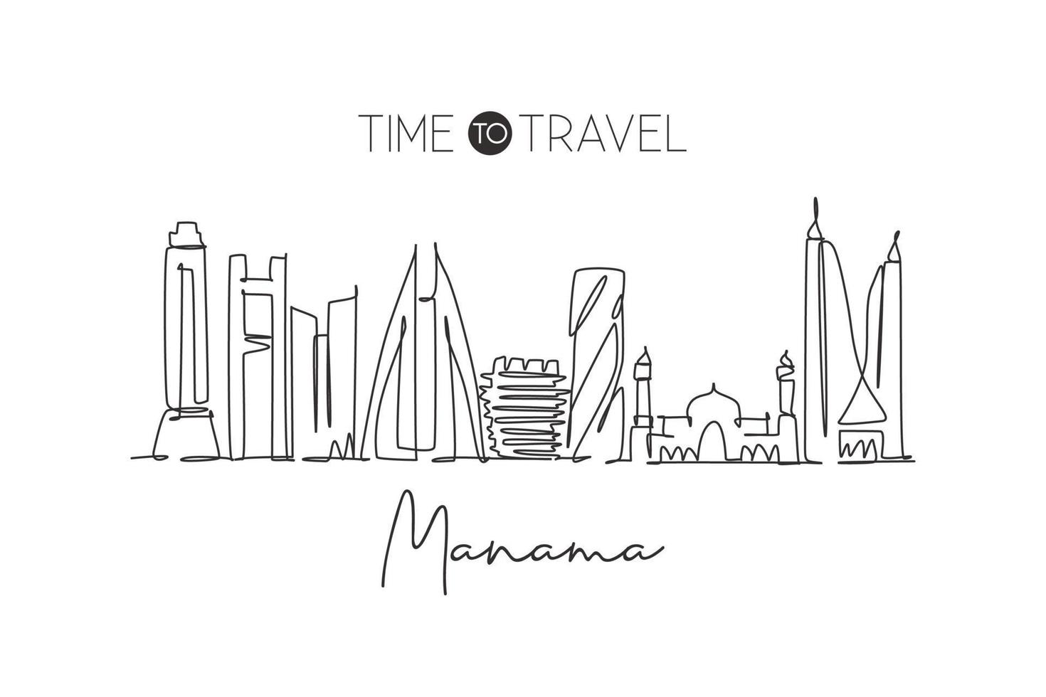 Single continuous line drawing Manama city skyline, Bahrain. Famous city scraper and landscape home wall decor poster print art. World travel concept. Modern one line draw design vector illustration