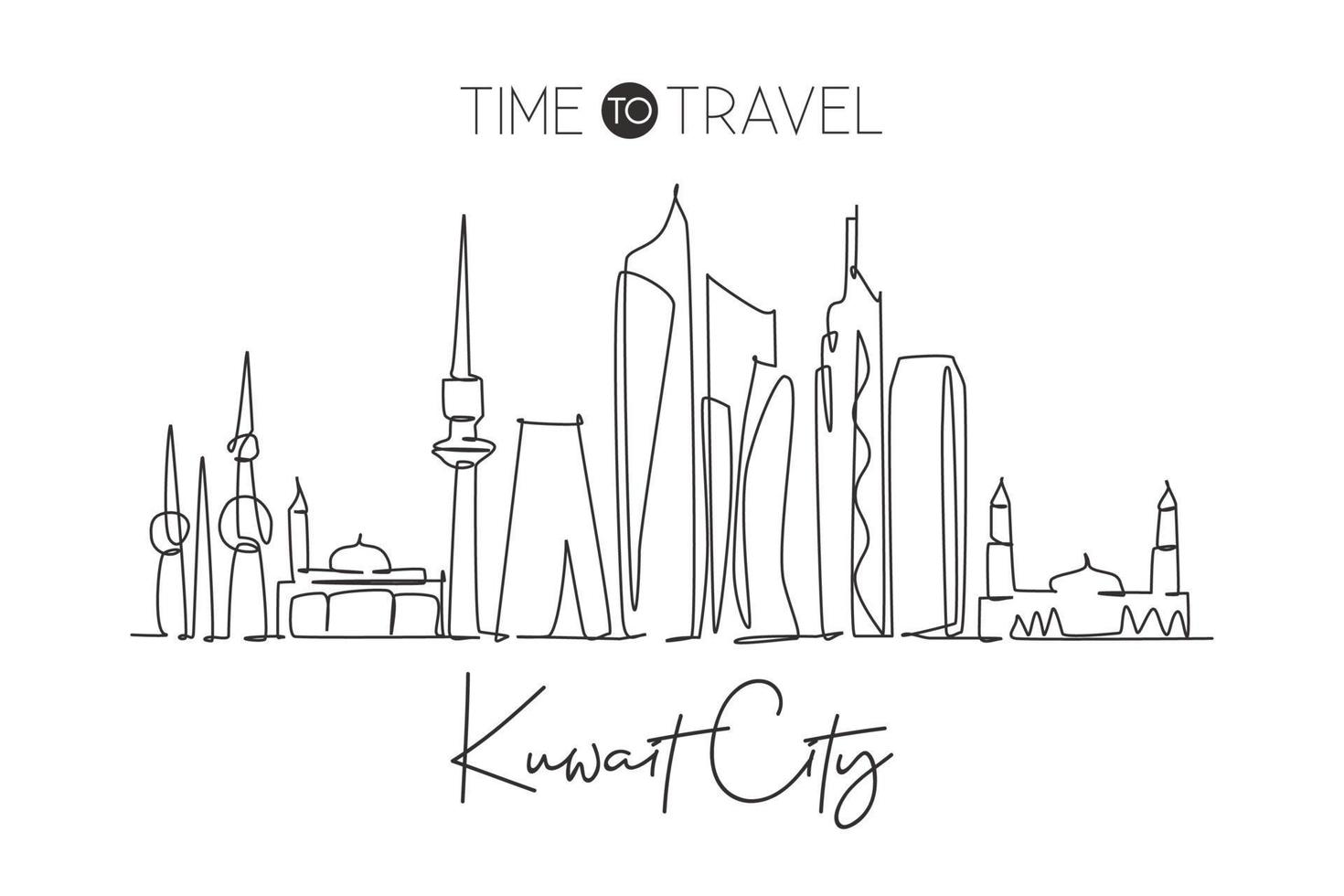 One continuous line drawing of Kuwait City skyline, Kuwait. Beautiful city landmark. World landscape tourism and travel vacation. Editable stylish stroke single line draw design vector illustration