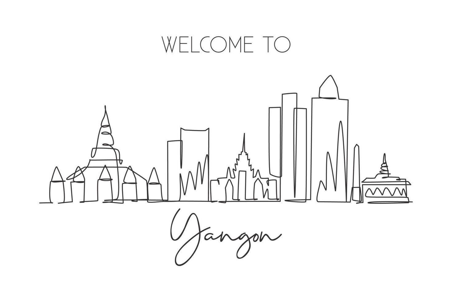 One single line drawing of Yangon city skyline, Myanmar. Historical town landscape in the world. Best holiday destination poster. Editable stroke trendy continuous line draw design vector illustration