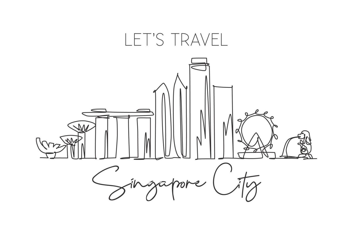 un dibujo de una sola línea del horizonte de la ciudad de Singapur. paisaje histórico de la ciudad en el mundo. mejor cartel de destino de vacaciones. ilustración de vector de diseño de dibujo de línea continua de moda de trazo editable