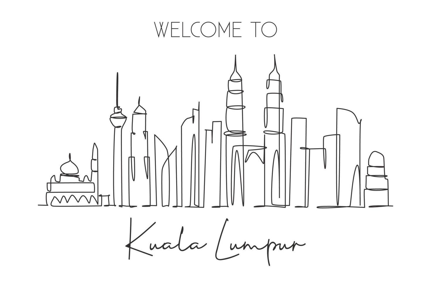 One single line drawing of Kuala Lumpur city skyline, Malaysia. Historical town landscape in the world. Best holiday destination. Editable stroke trendy continuous line draw design vector illustration