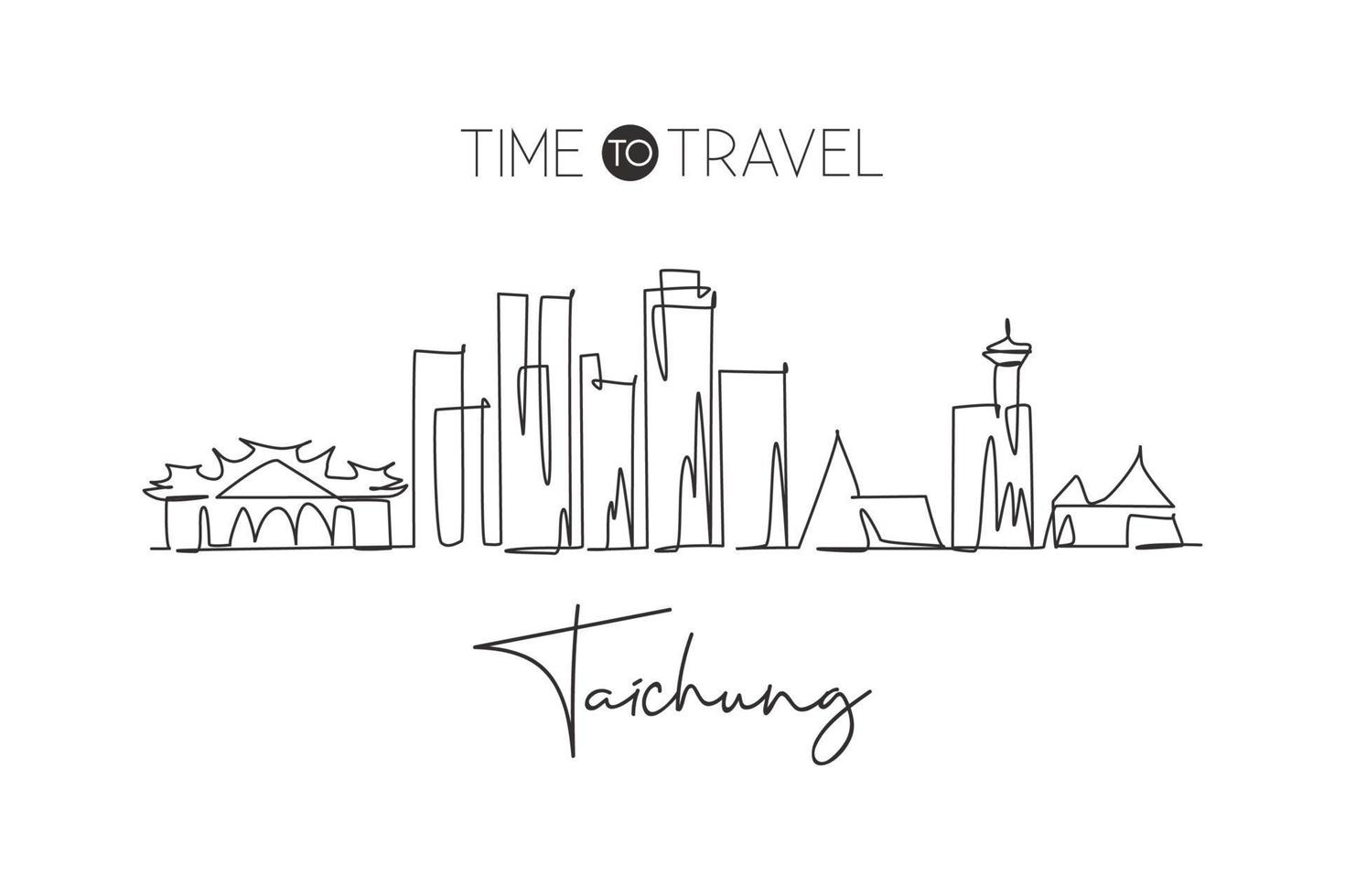 One continuous line drawing of Taichung city skyline, Taiwan. Beautiful landmark. World landscape tourism and travel vacation. Editable stylish stroke single line draw design vector illustration