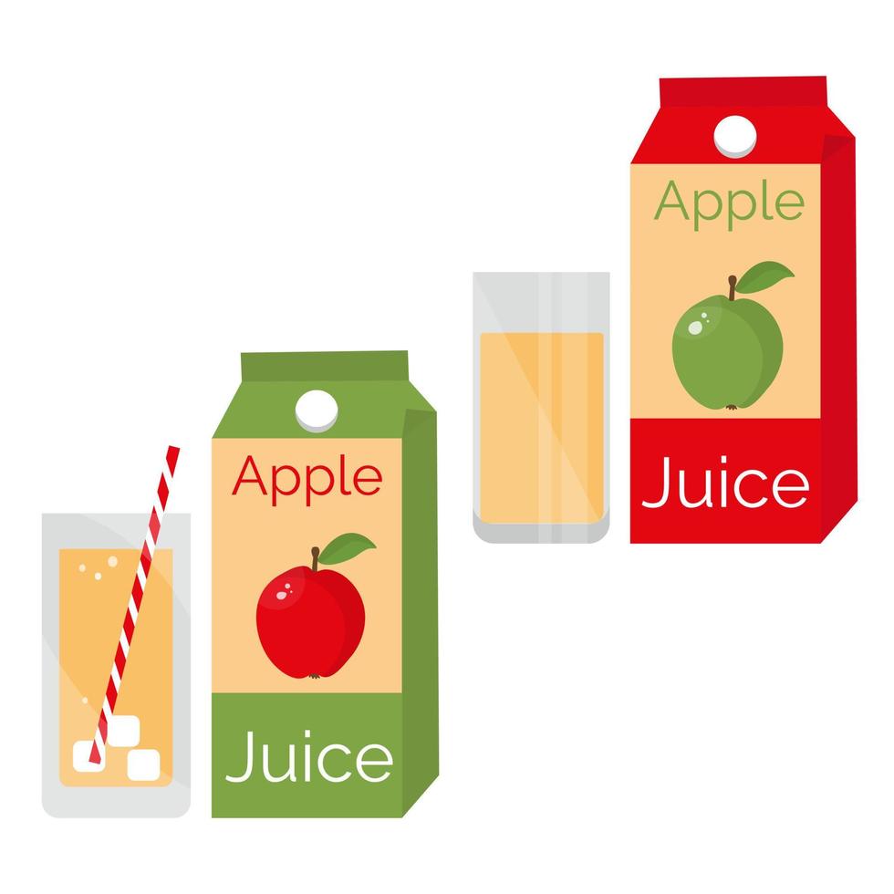 Juice from red and green apples. Set of carton box and glasses . Flat vector illustration