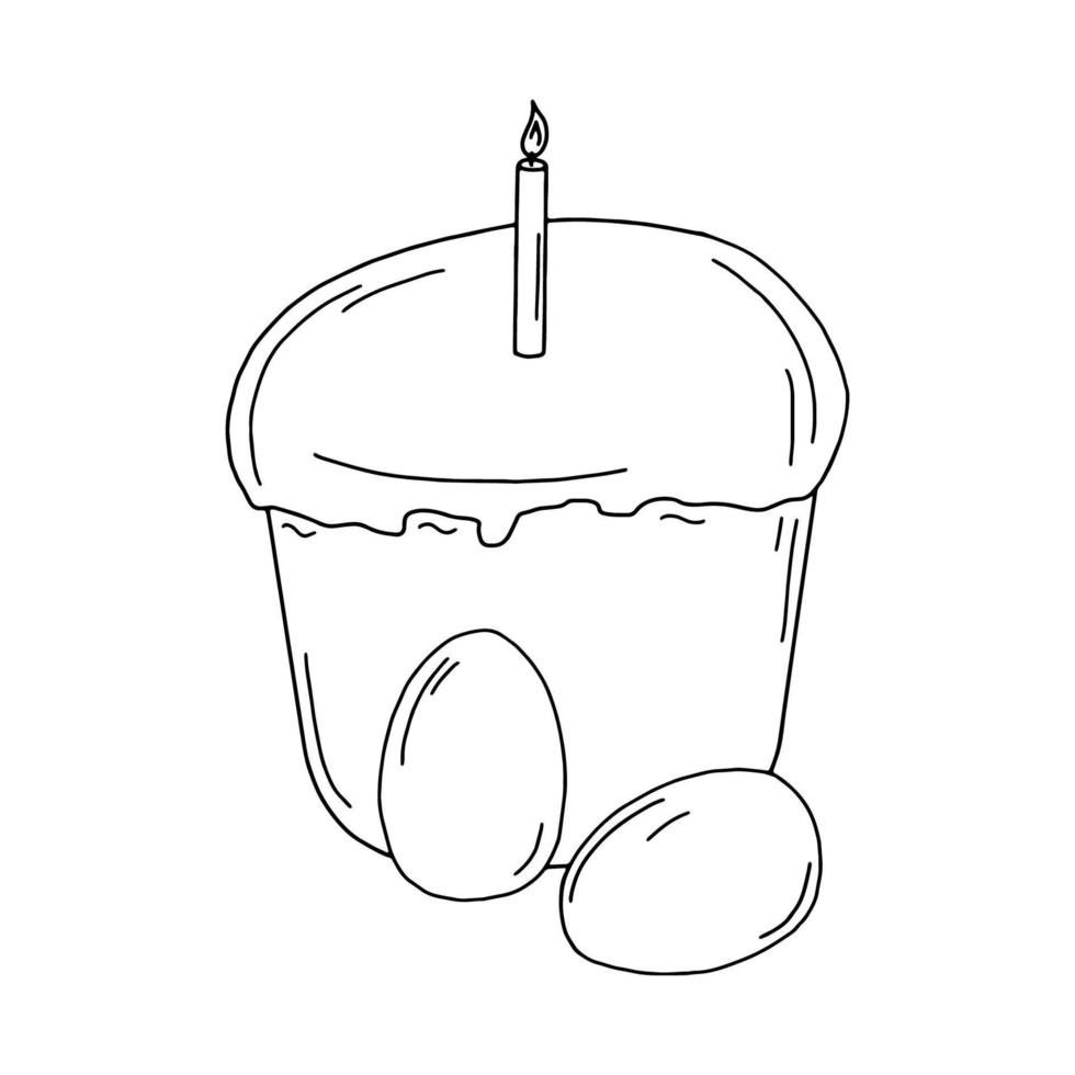 bizcocho de Pascua aislado sobre fondo blanco. dibujo lineal dibujado a mano. doodles.cupcake con vela y huevos .para textiles, postales y joyas. vector
