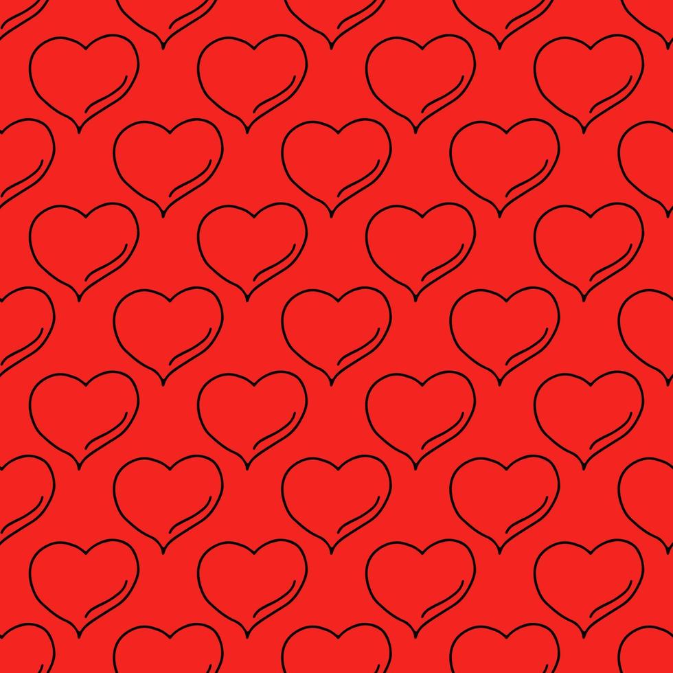 Hearts seamless pattern on red background. Black outline of the heart. Hand drawn drawing.Valentine's day holiday for lovers. Vector