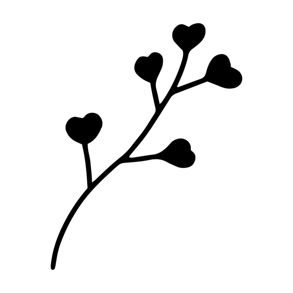Branch with hearts contour drawing line.Black and white image.Shepherd's bag.Romantic date.Vector vector