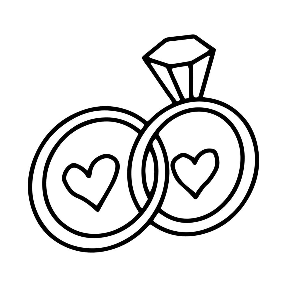 dos anillos dibujados a mano dibujo de líneas de contorno.anillo con una piedra.los anillos se cruzan. boda, relaciones románticas, amor, lovers.vector vector