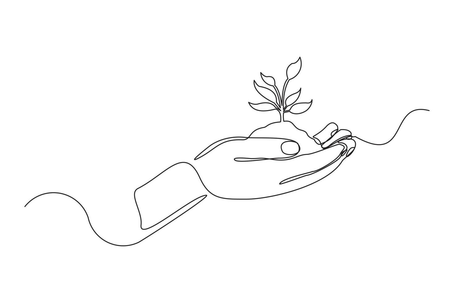 Continuous one line drawing palm hand holding together a green young plant. Single one line hand holding tree. Forest conservation concept design vector graphic illustration