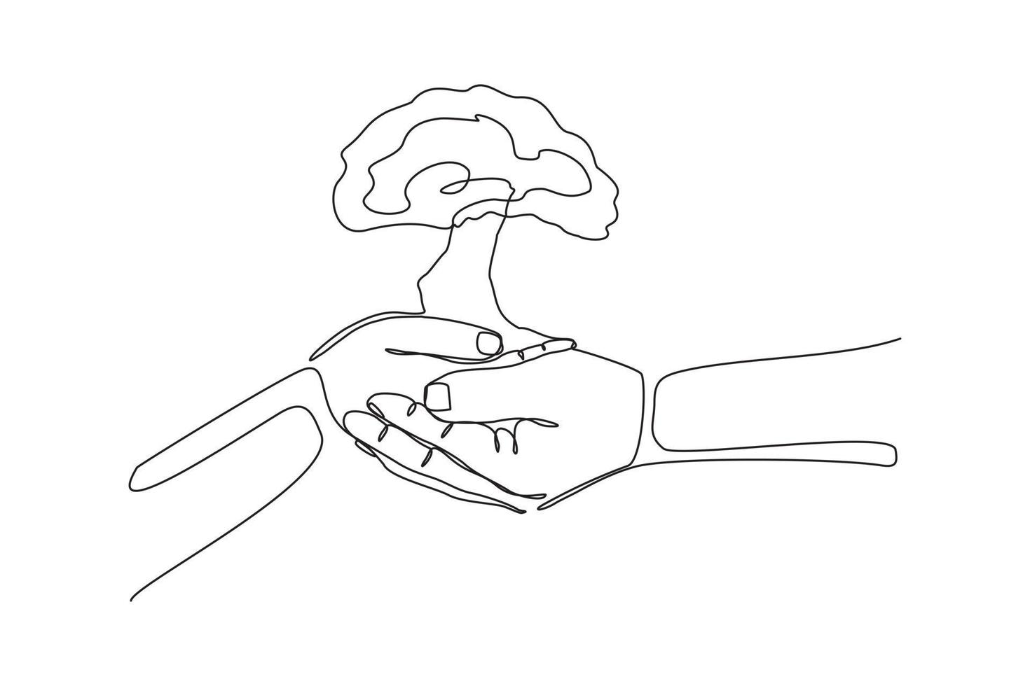 Continuous one line drawing two hands holding together a green young plant. Single one line hand holding tree. Forest conservation concept design vector graphic illustration