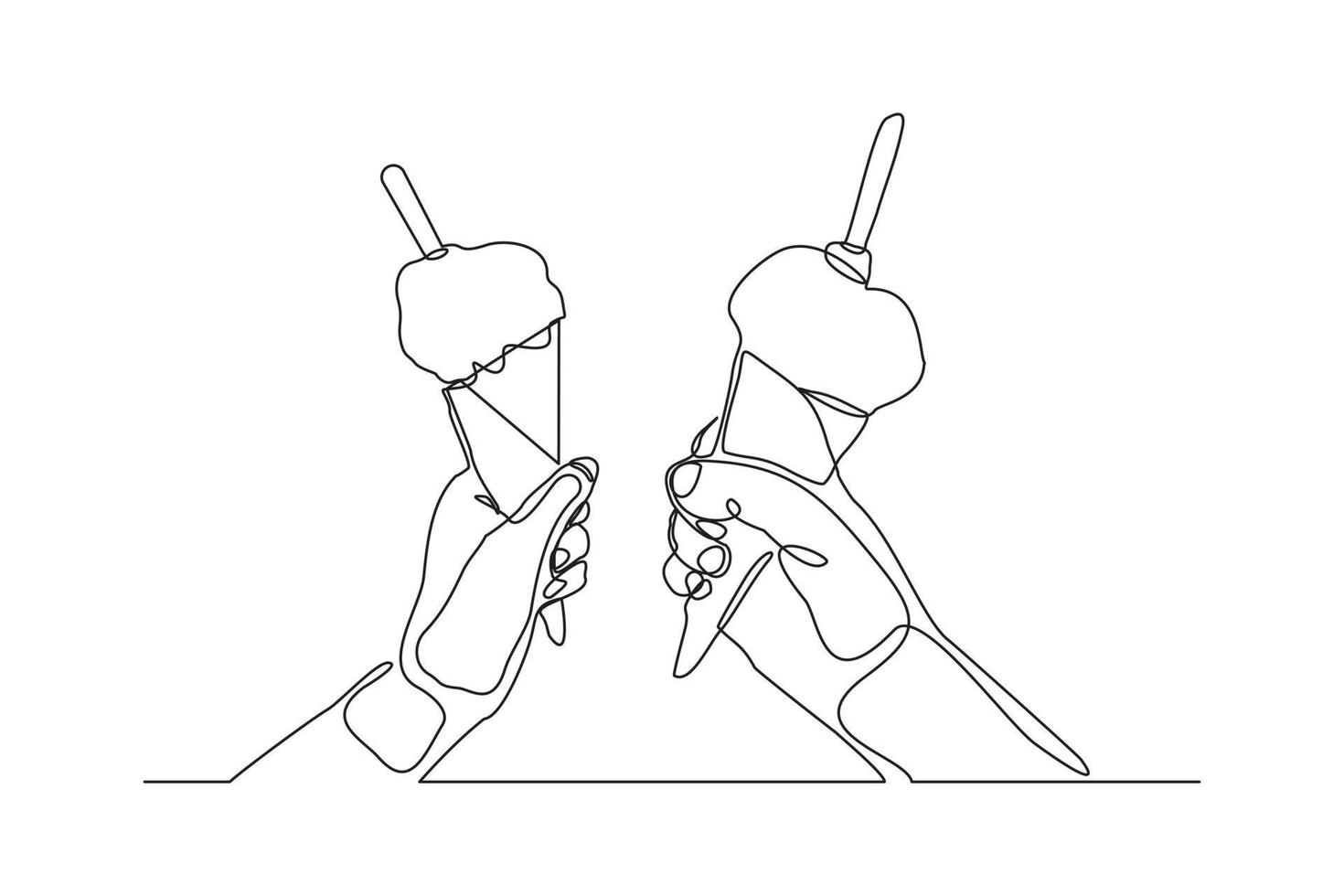 Continuous line drawing two hand hold and cheers delicious fresh of ice cream cone. Single one line art of two hand holding sweet ice cream gelato desert. Vector illustration