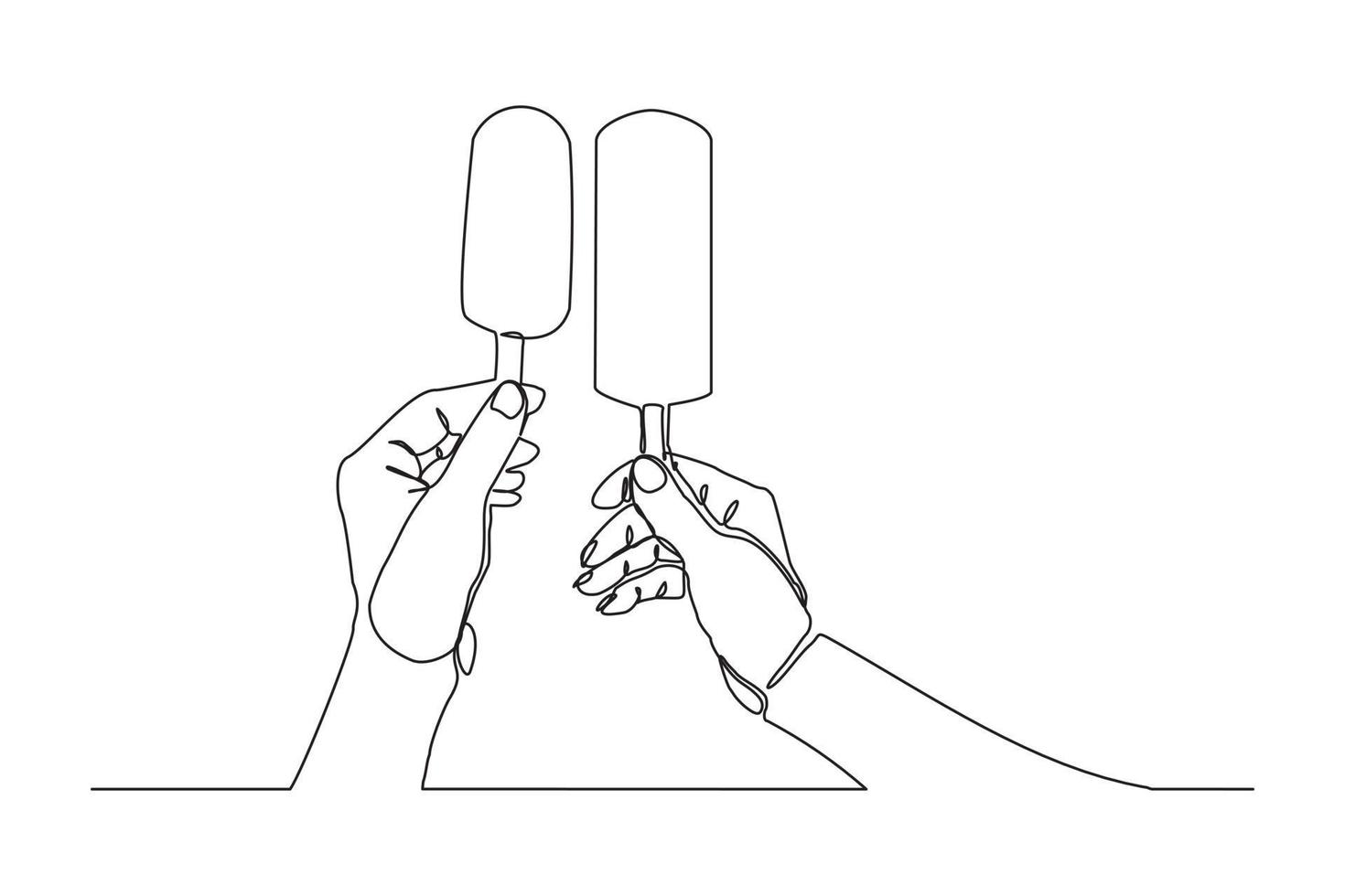 Continuous line drawing of two hands hold and cheers fresh ice cream stick. Single one line art of hand holding delicious sweet and juicy cool ice cream cafe meal menu. Vector illustration