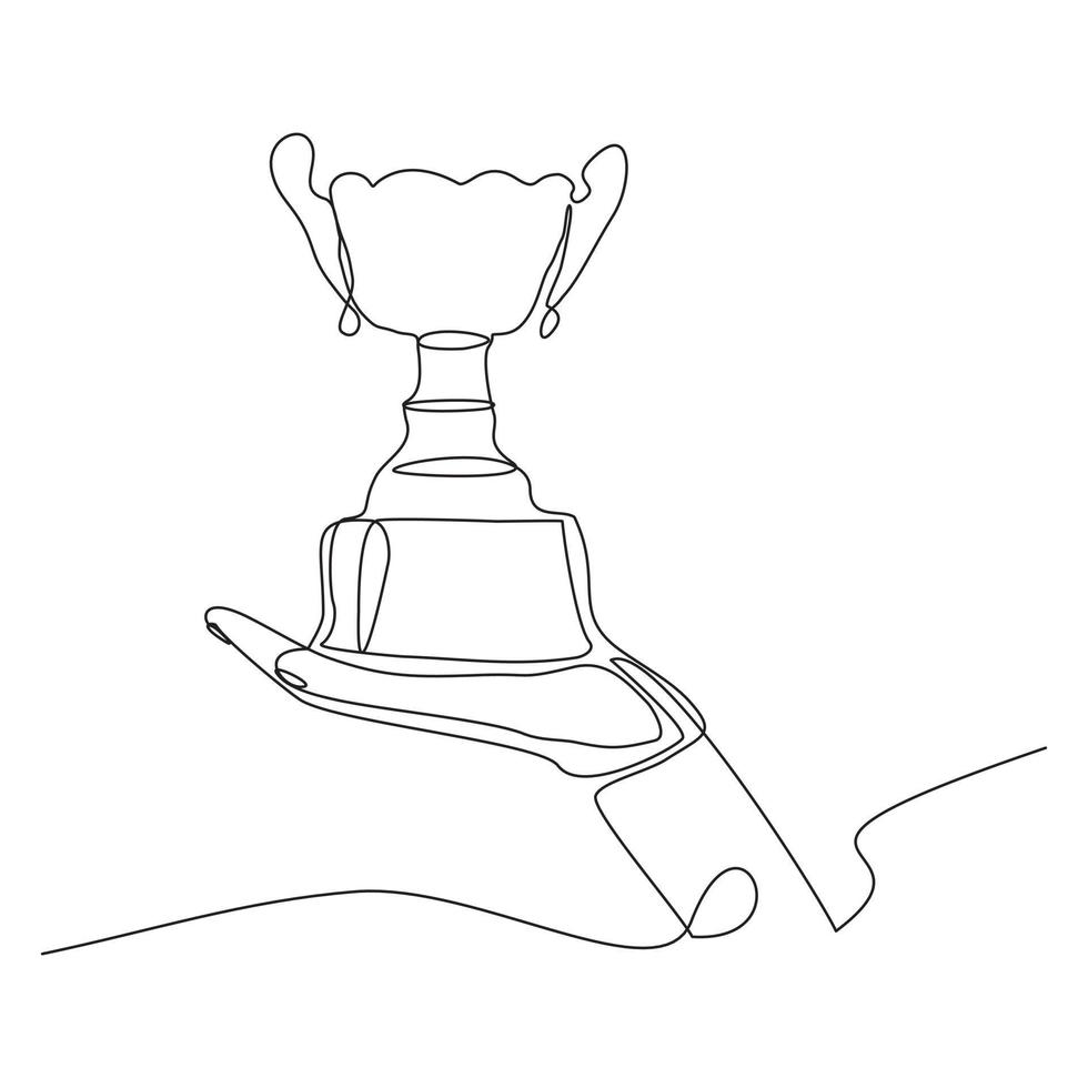 Continuous line drawing of gold trophy cup award. Single one line art of winner achievement trophy. Vector illustration