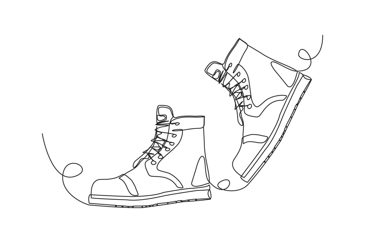Continuous line drawing of man work boots. Single one line art of safety hiking boots. Vector illustration