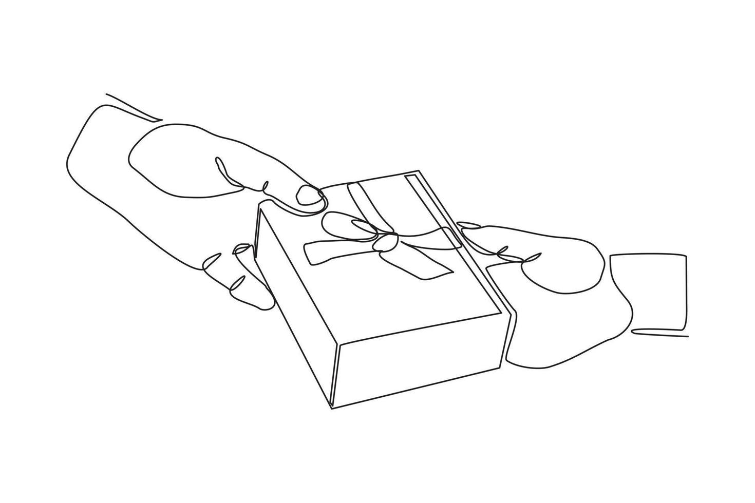 dibujo de línea continua de mano sosteniendo caja de regalo con cinta. arte de una sola línea de sorpresa de cumpleaños y caja de navidad. ilustración vectorial vector