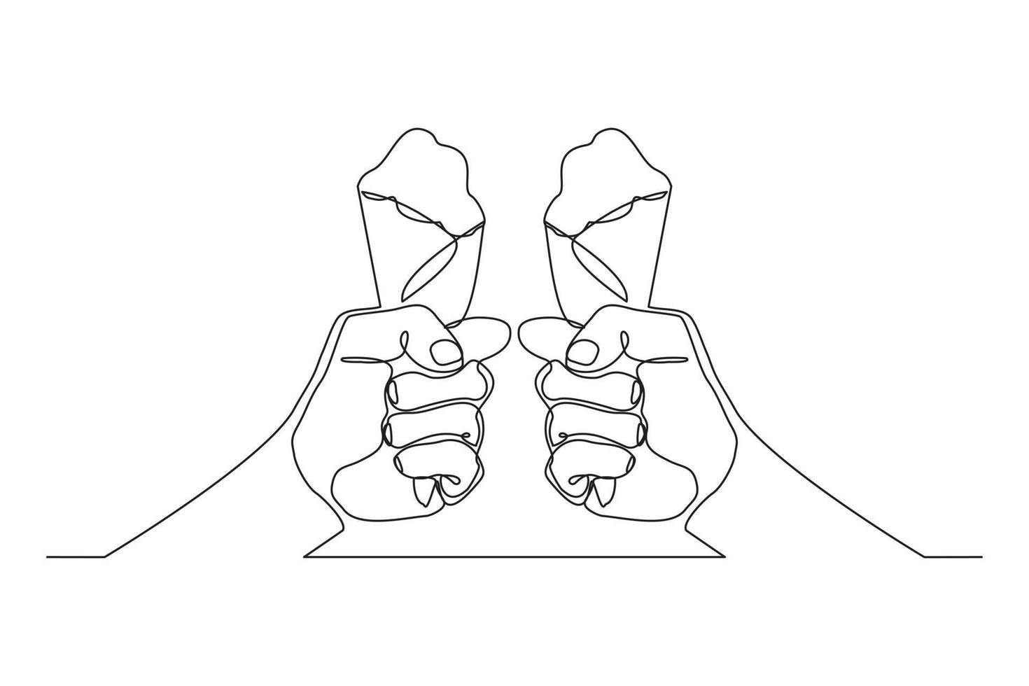 Continuous line drawing two hand hold and cheers delicious fresh of ice cream cone. Single one line art of two hand holding sweet ice cream gelato desert. Vector illustration