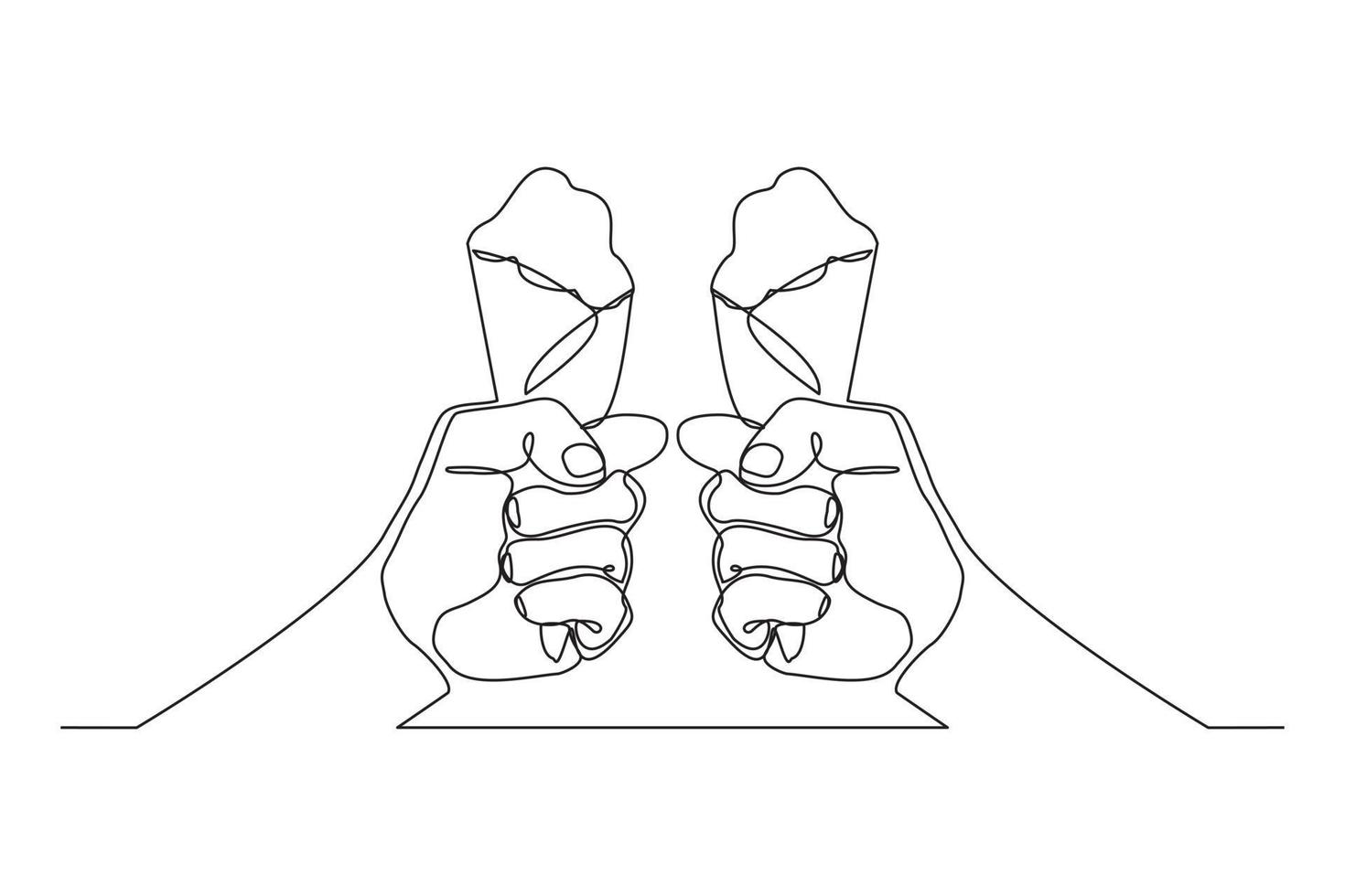 Continuous line drawing two hand hold and cheers delicious fresh of ice cream cone. Single one line art of two hand holding sweet ice cream gelato desert. Vector illustration