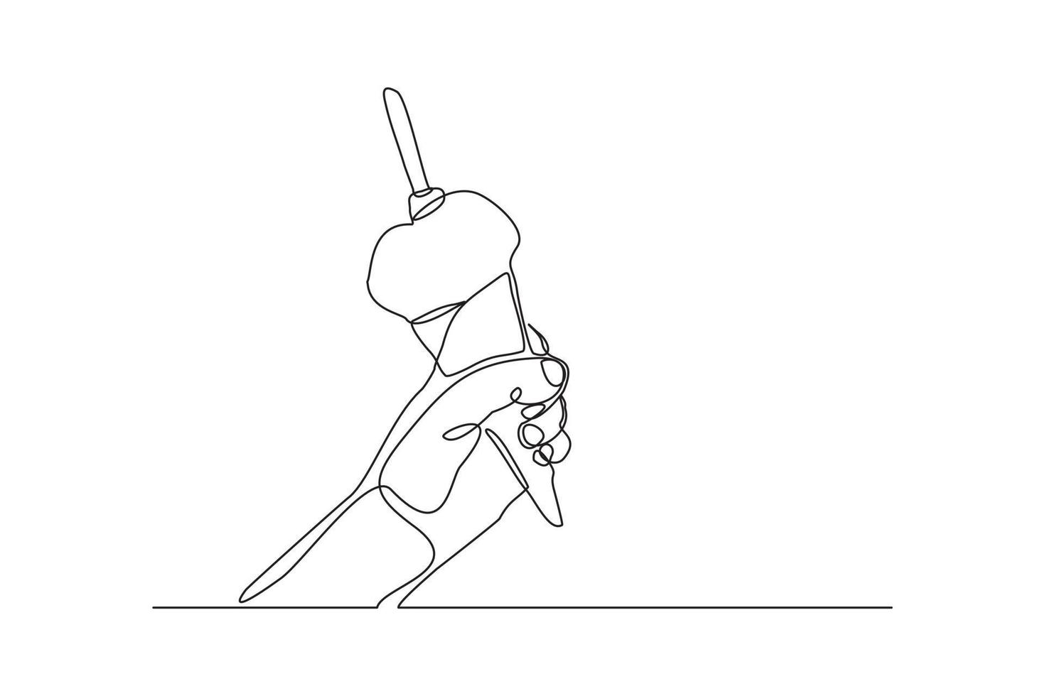 mano de dibujo de línea continua sosteniendo delicioso fresco de cono de helado. arte de una sola línea de la mano que sostiene el desierto de helado dulce. ilustración vectorial vector