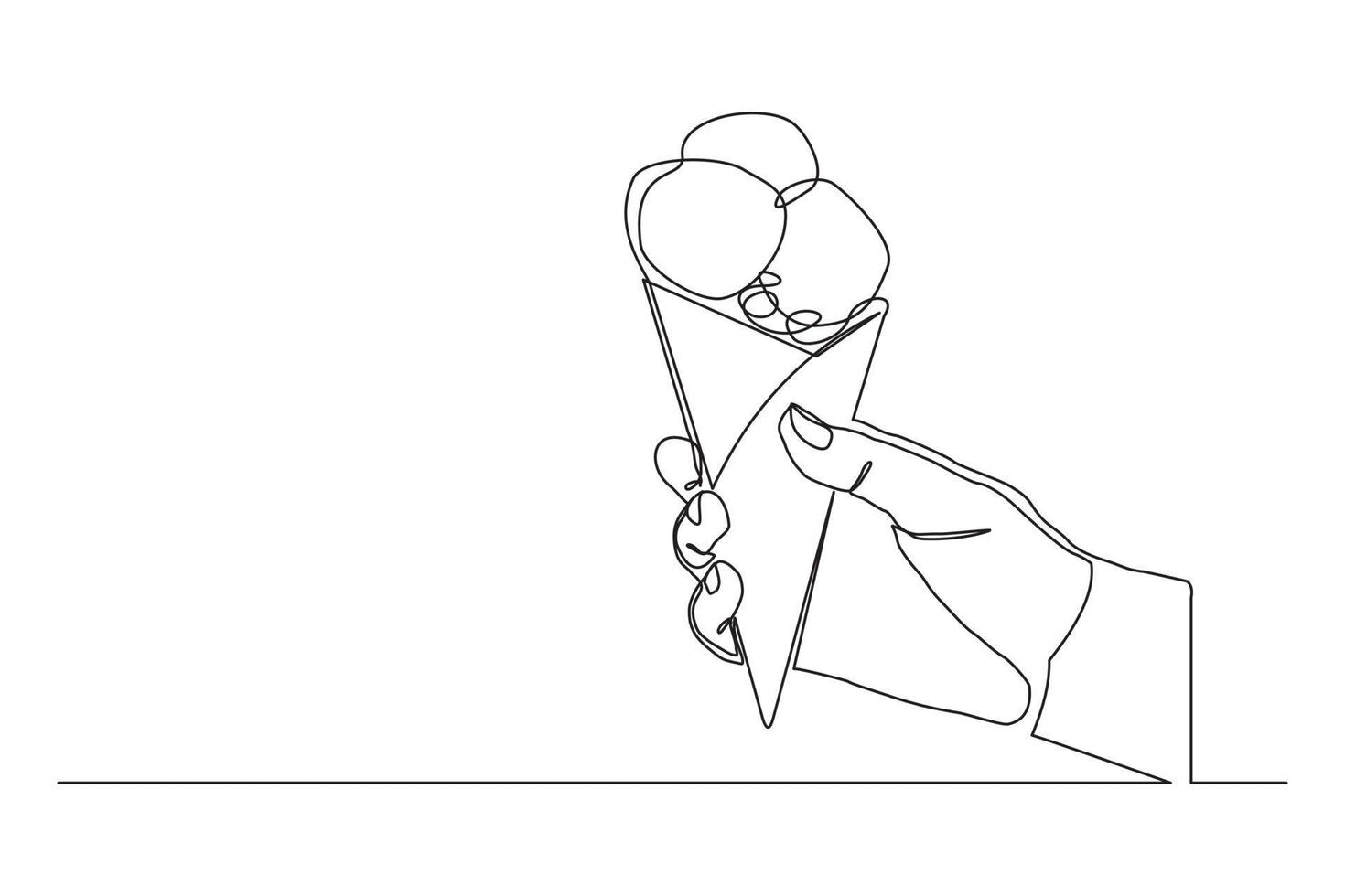 Continuous line drawing hand holding delicious fresh of ice cream cone. Single one line art of hand holding sweet ice cream gelato desert. Vector illustration