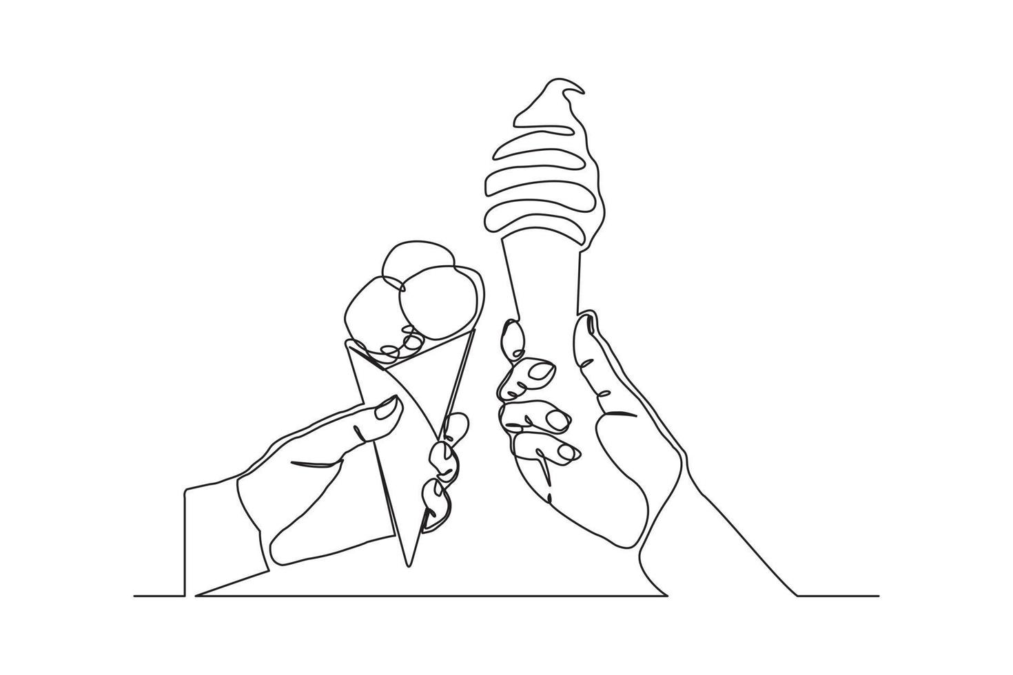 Continuous line drawing two hand hold and cheers delicious fresh of ice cream cone. Single one line art of two hand holding sweet ice cream gelato desert. Vector illustration