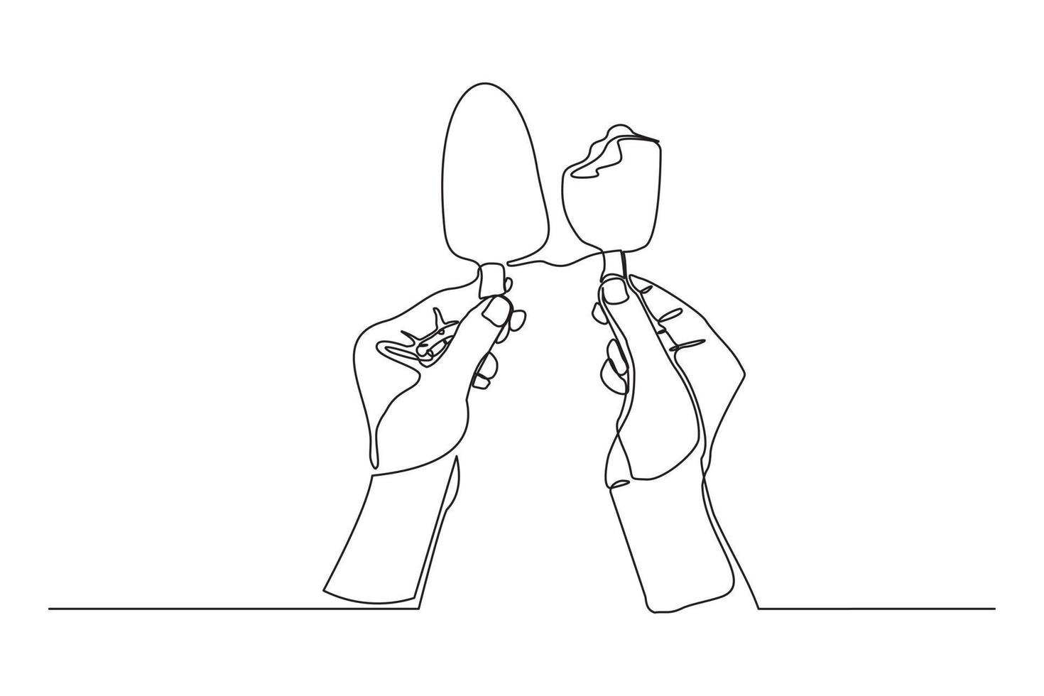 Continuous line drawing of two hands hold and cheers fresh ice cream stick. Single one line art of hand holding delicious sweet and juicy cool ice cream cafe meal menu. Vector illustration