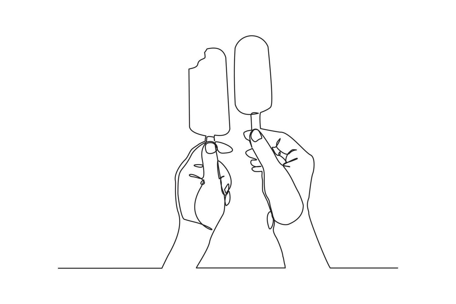 Continuous line drawing of two hands hold and cheers fresh ice cream stick. Single one line art of hand holding delicious sweet and juicy cool ice cream cafe meal menu. Vector illustration