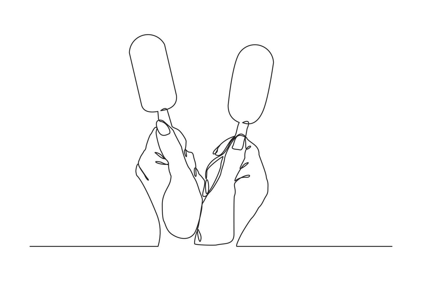 Continuous line drawing of two hands hold and cheers fresh ice cream stick. Single one line art of hand holding delicious sweet and juicy cool ice cream cafe meal menu. Vector illustration