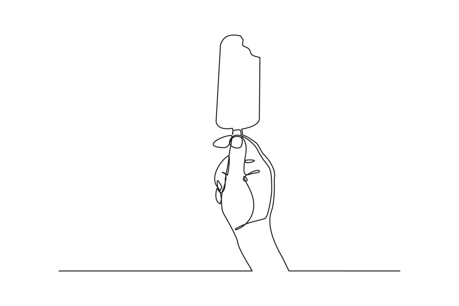 Continuous line drawing of hand holding fresh ice cream stick. Single one line art of hand hold delicious sweet and juicy cool ice cream cafe meal menu. Vector illustration