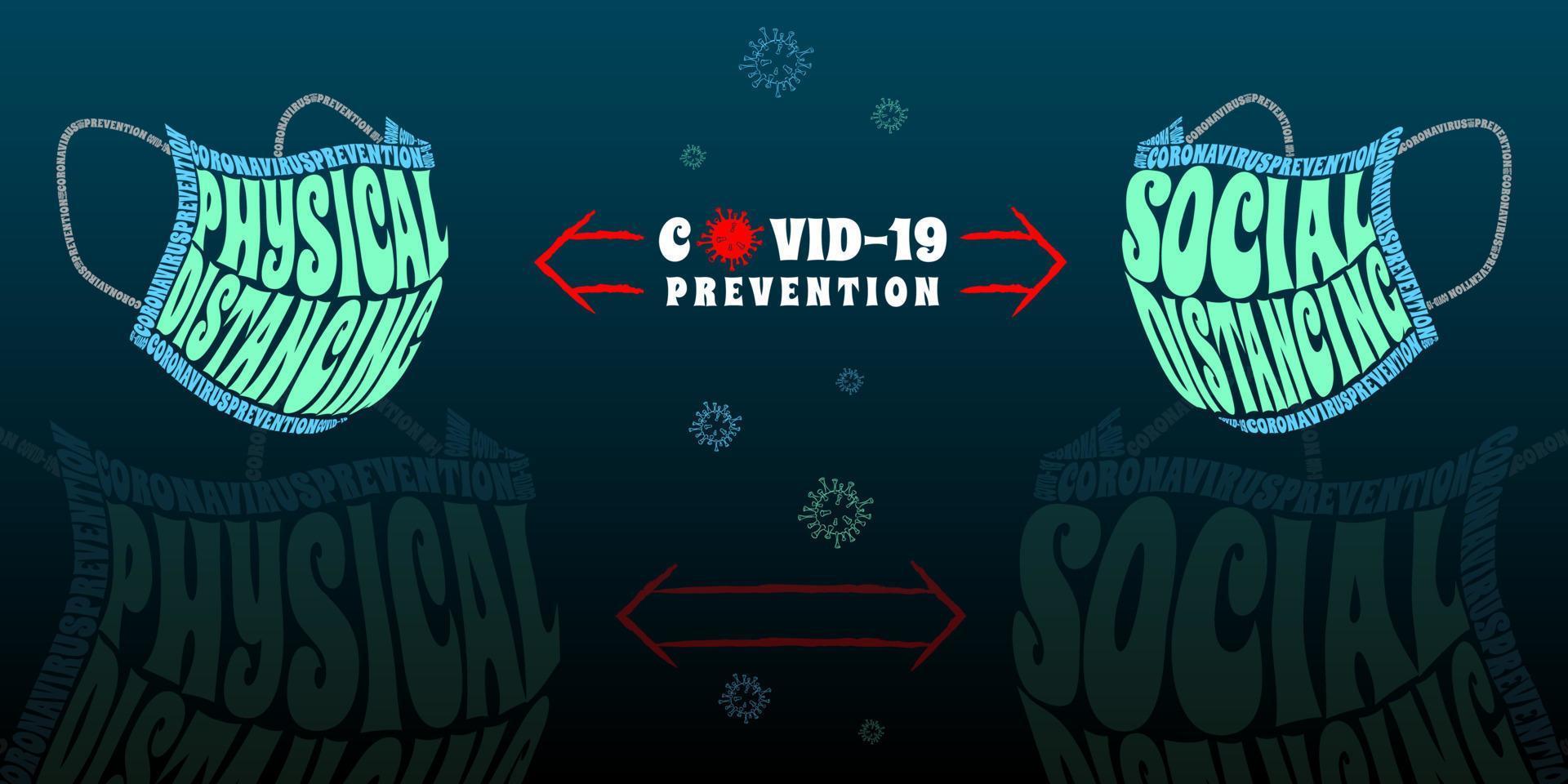 distanciamiento físico y distanciamiento social para la ilustración de envoltura de texto de prevención de la enfermedad del virus de la corona 2019. vector