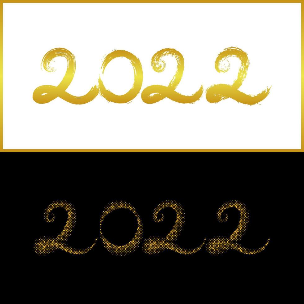 Número de letras a mano de año nuevo 2022 en efecto de textura de pincel seco dorado y efecto de medio tono sobre fondo blanco y negro. vector