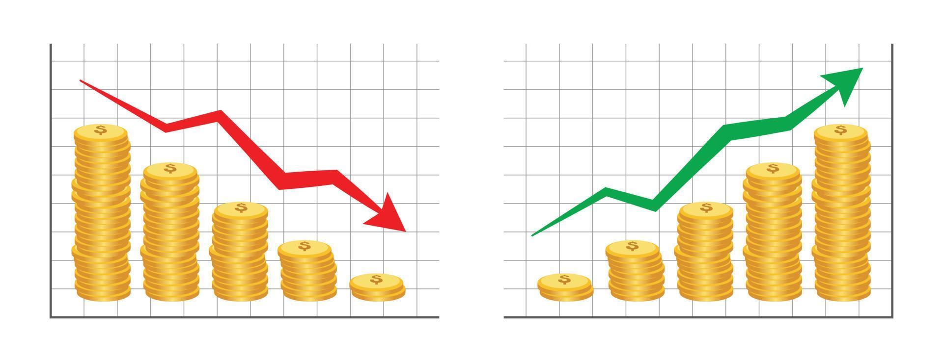 Coins Bar with Arrow Graph Going Up and Down Growth of Financial and Economy Business Infographic. vector