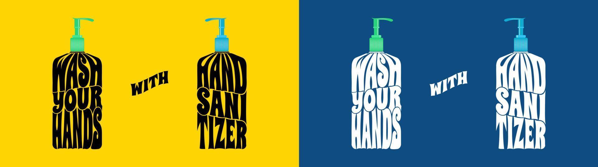 Wash Your Hands with Hand Sanitizer Text Wrap illustration, Isolated on Solid Yellow and Classic Blue Background. vector