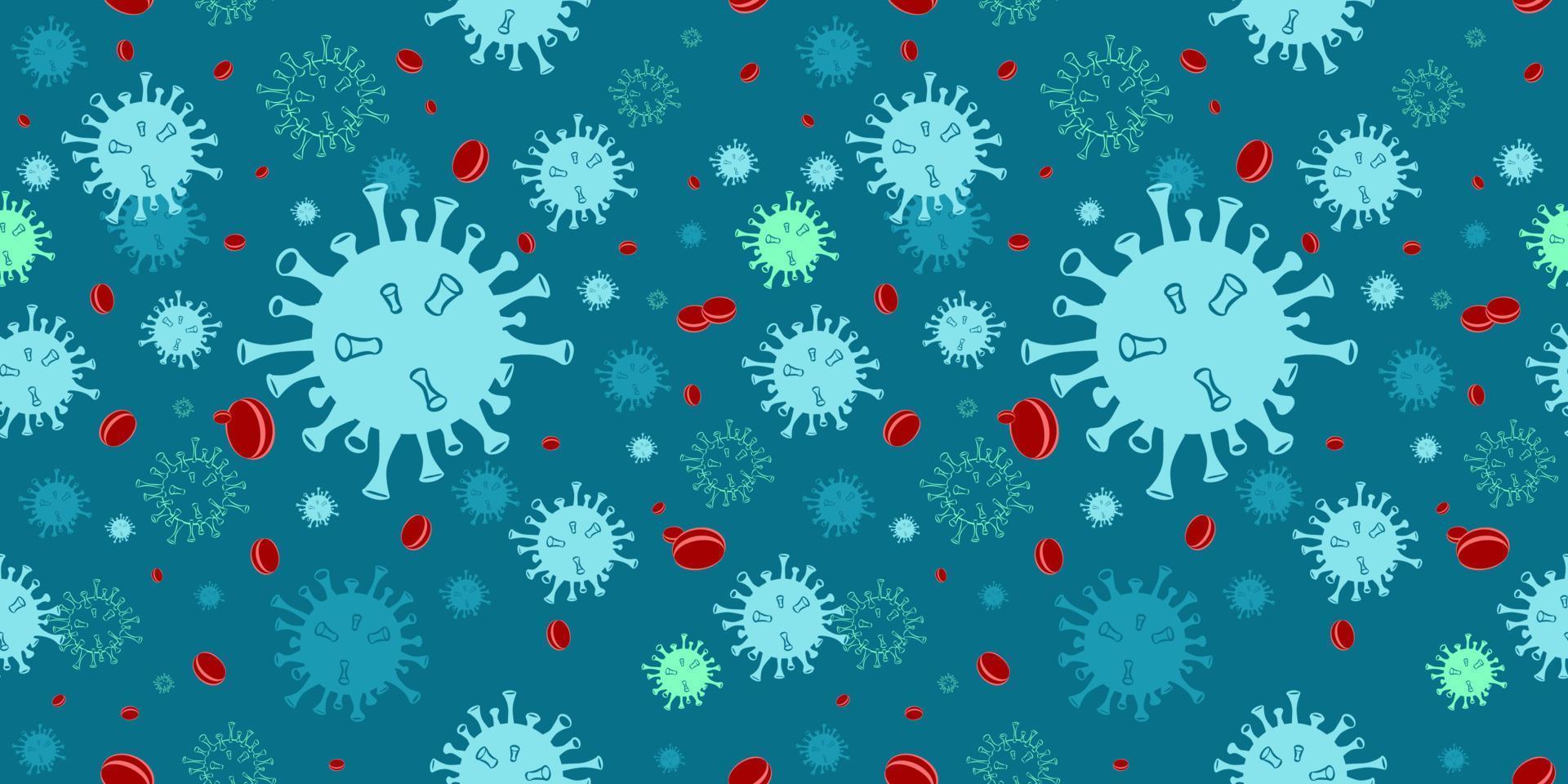 Seamless Pattern of Corona Virus Disease 2019 Delta Omicron Variant Virus Background with Green Disease Cell and Blood Cells vector