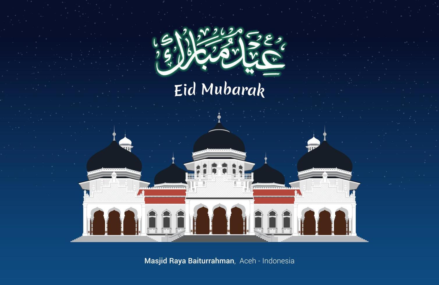 masjid raya baiturrahman aceh - indonesia con caligrafía árabe eid mubarak, gran mezquita selamat hari raya lebaran baiturrahman. vector