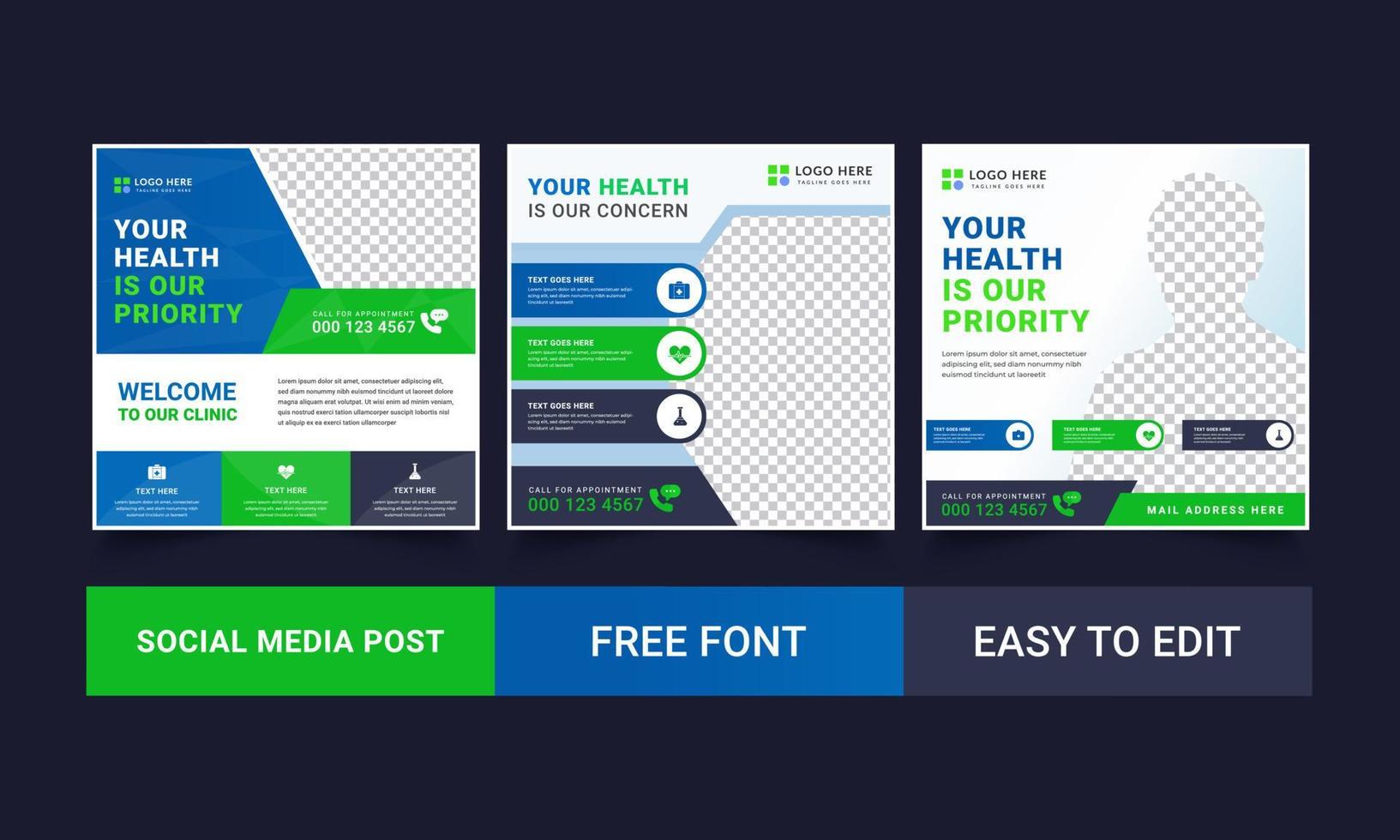 Medical Social Media Post Template, Editable Healthcare Social Media Banner Template. Social media post design template free vector