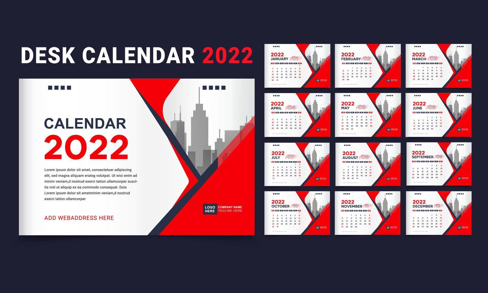 plantilla de calendario de escritorio mensual para el año 2022 vector