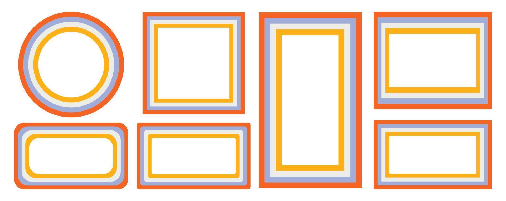 set of rainbow frames in 1970s hippie style. patterns retro vintage 70s groove. collection of round frame, star, rhombus and square. vector illustration design isolated.