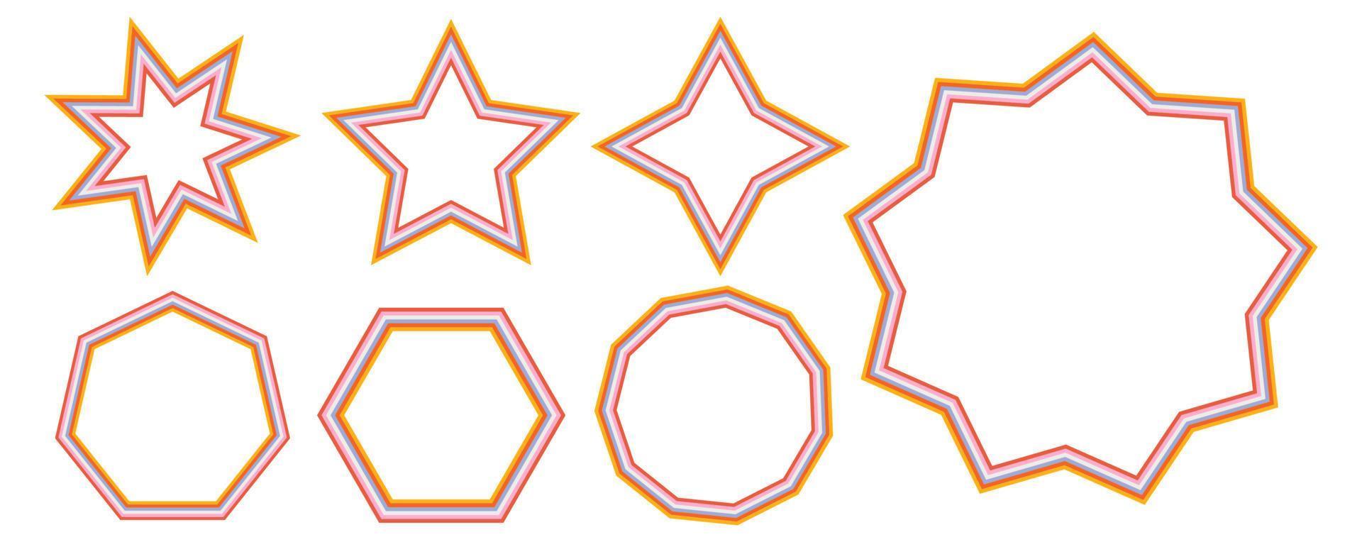 conjunto de marcos de arcoíris en estilo hippie de la década de 1970. patrones retro vintage 70 surco. colección de marco redondo, estrella, rombo y cuadrado. diseño de ilustración vectorial aislado. vector