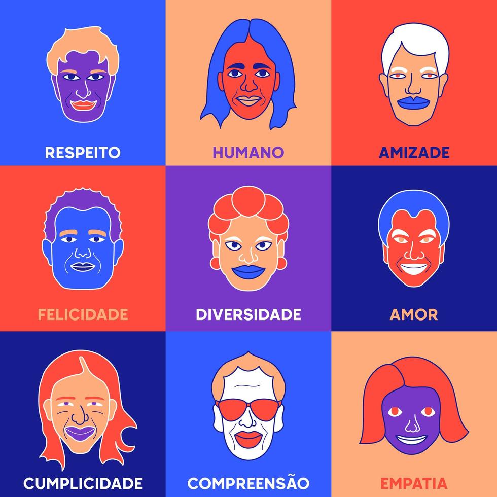 ilustración de diversidad humana en portugués brasileño. traducción - respeto, humano, amistad, felicidad, diversidad, amor, complicidad, comprensión, empatía. vector