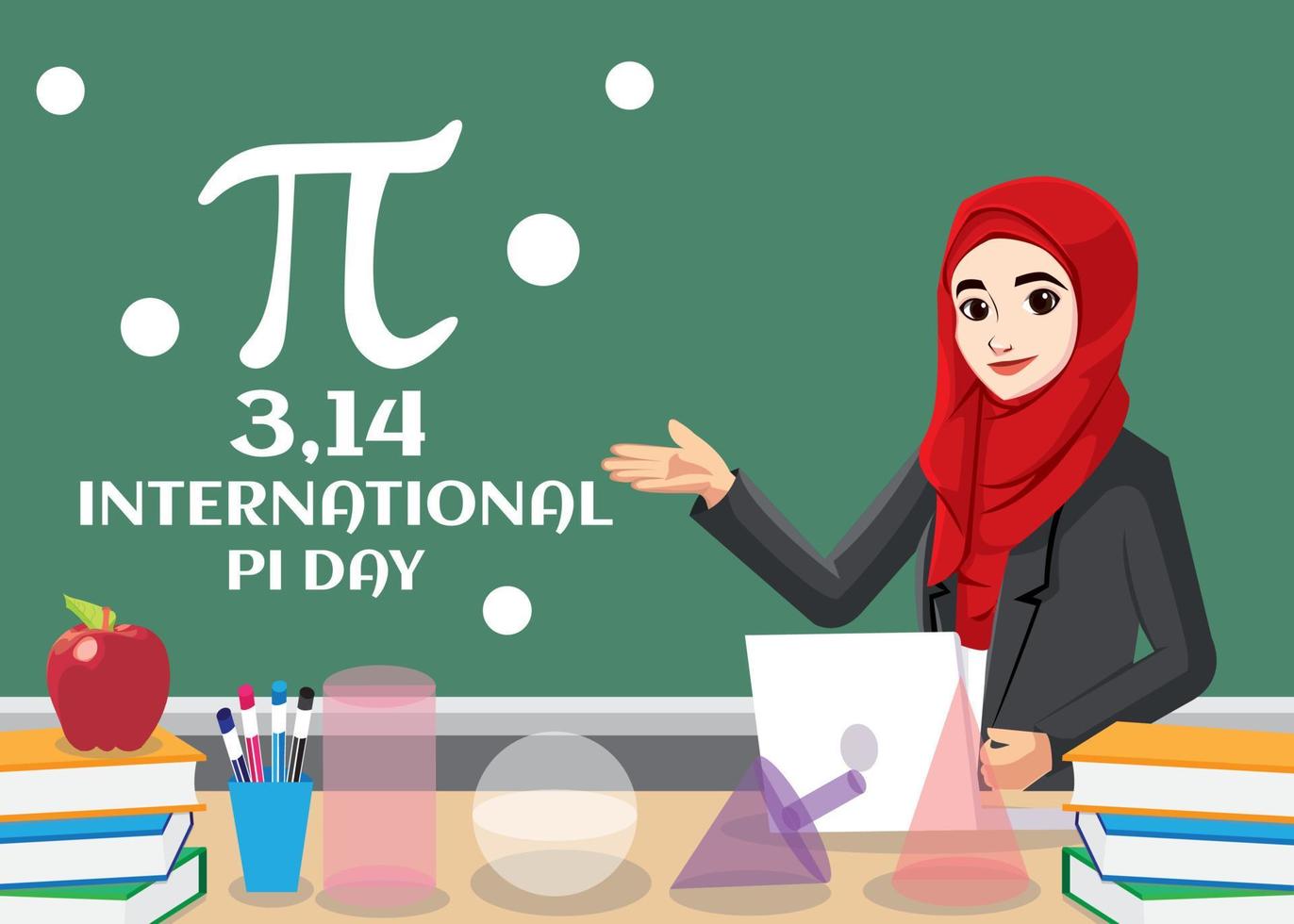 International Pi Day vector background with Smiling Cute Female Teacher Teaching