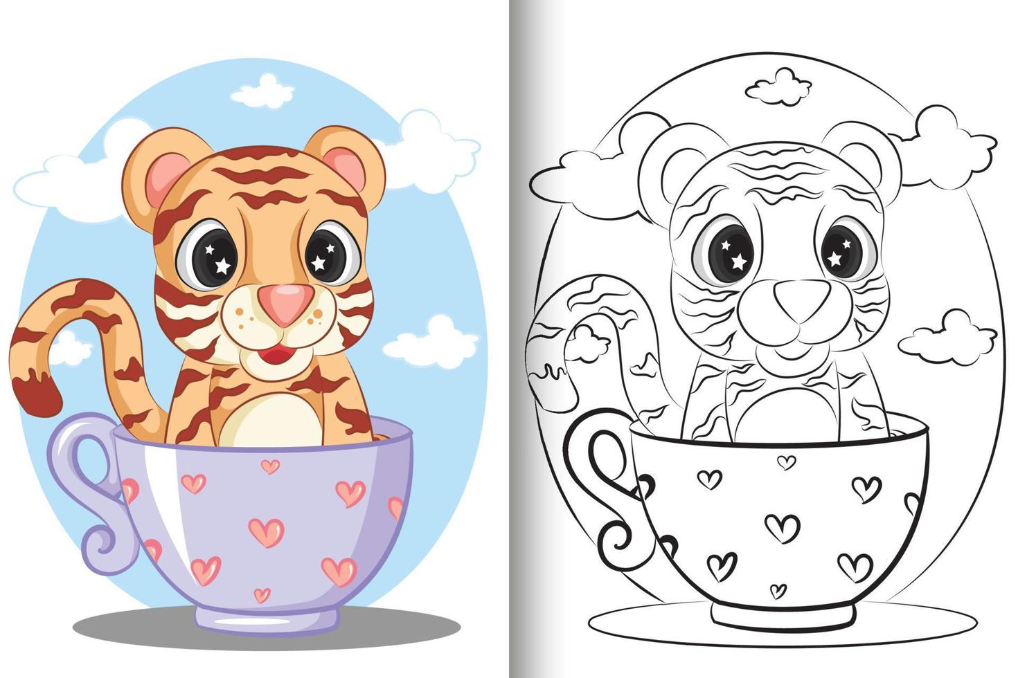 lindo tigre de dibujos animados está sentado en una taza morada. libro para colorear para niños. vector