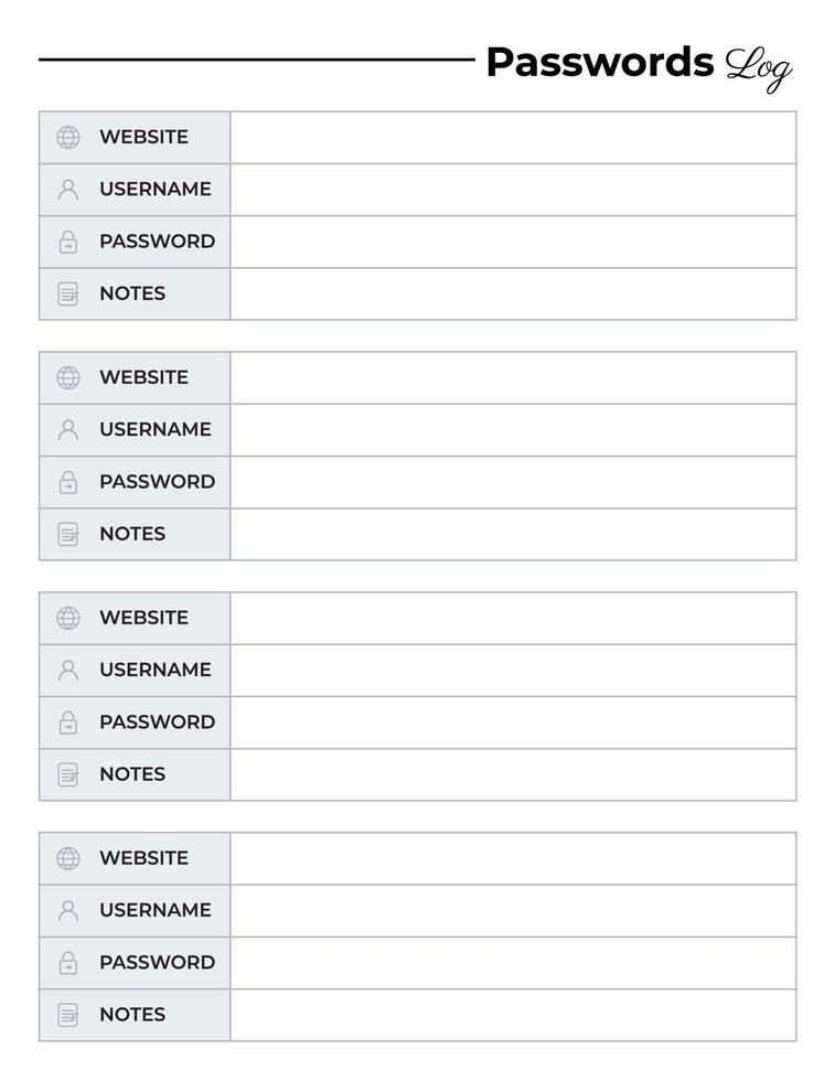 Password log tracker sheet paper vector