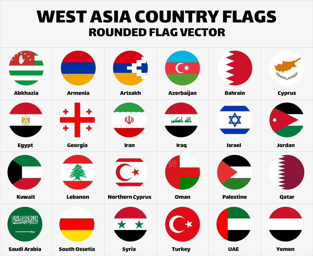 West Asia Country Flags Set Collection. Rounded Flat Vector