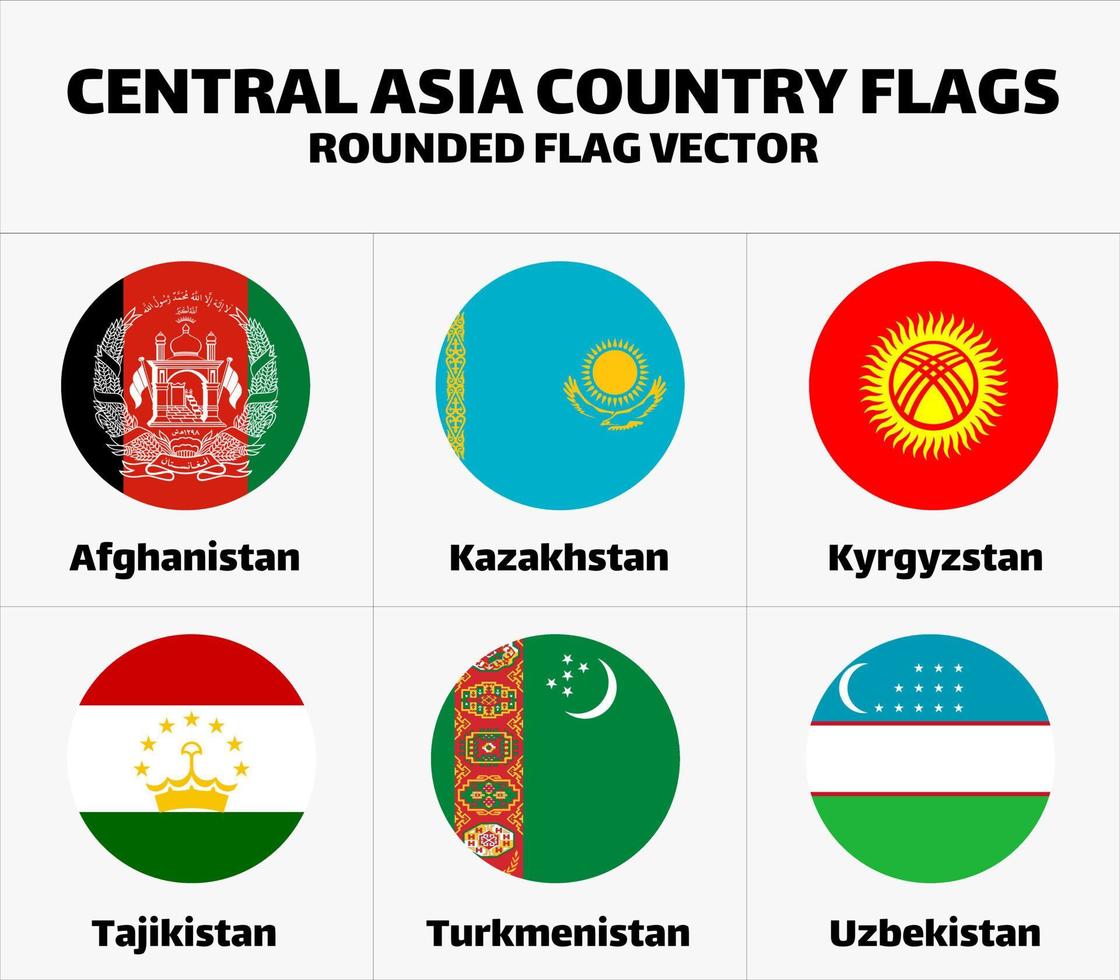 Central Asia Country Flags Set Collection. Rounded Flat Vector