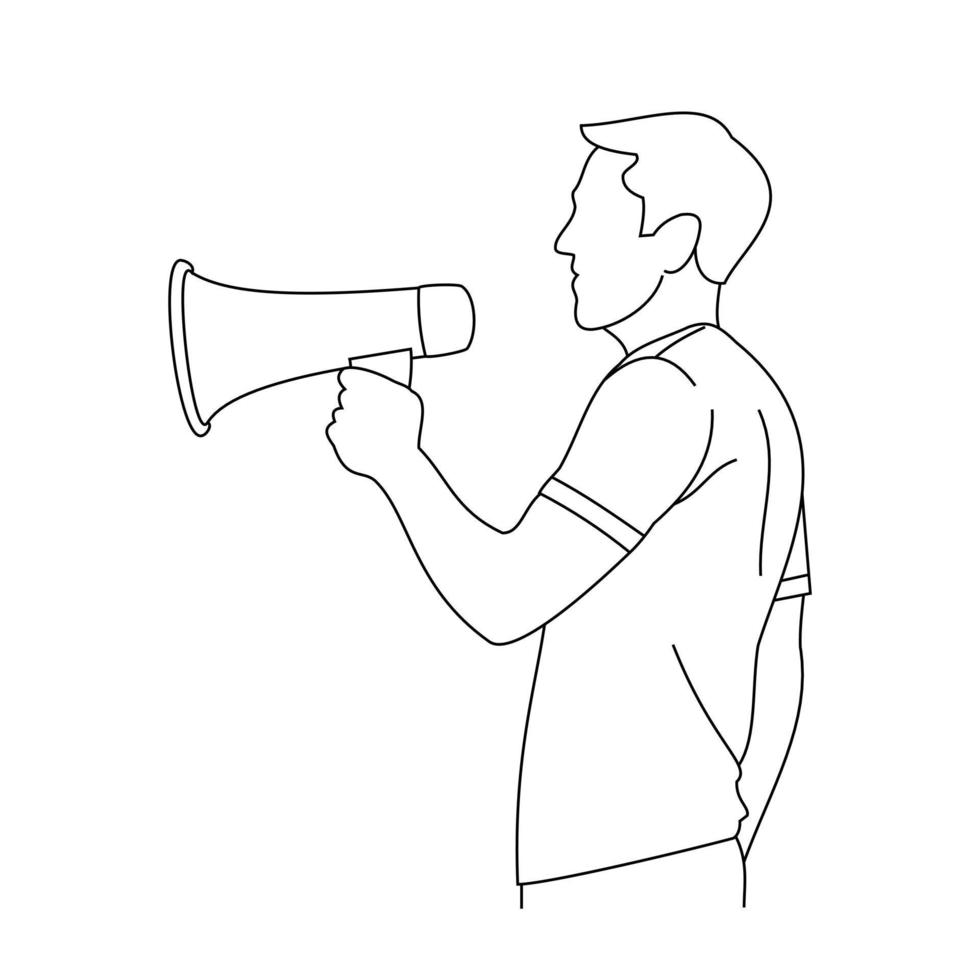 A businessman dressed in uniform holding big loudspeaker megaphone yelling loudly and screaming. A man in tshirt making announcement, news and messages with megaphone isolated on white background vector