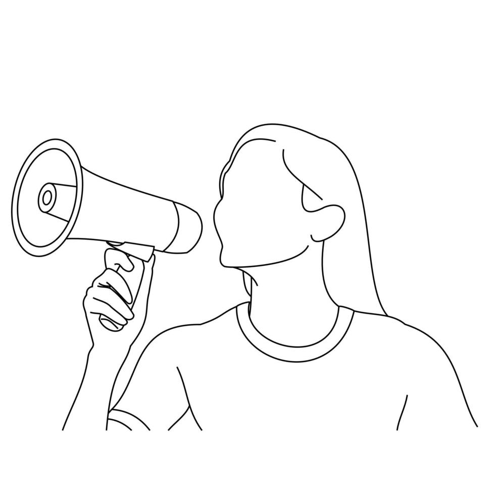 A business woman dressed in skirts and uniform holding big loudspeaker megaphone yelling loudly and screaming. Girl making announcement, news and messages with megaphone isolated on white background vector