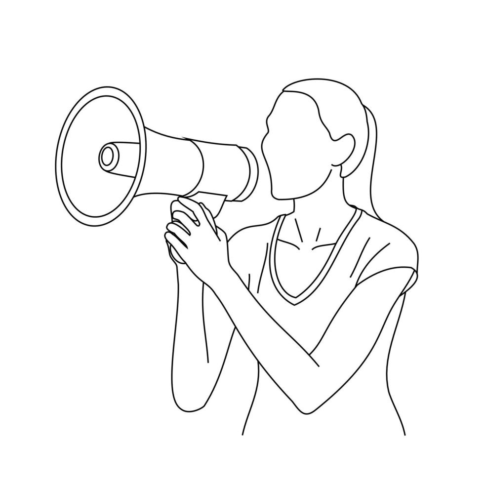 A business woman dressed in skirts and uniform holding big loudspeaker megaphone yelling loudly and screaming. Girl making announcement, news and messages with megaphone isolated on white background vector