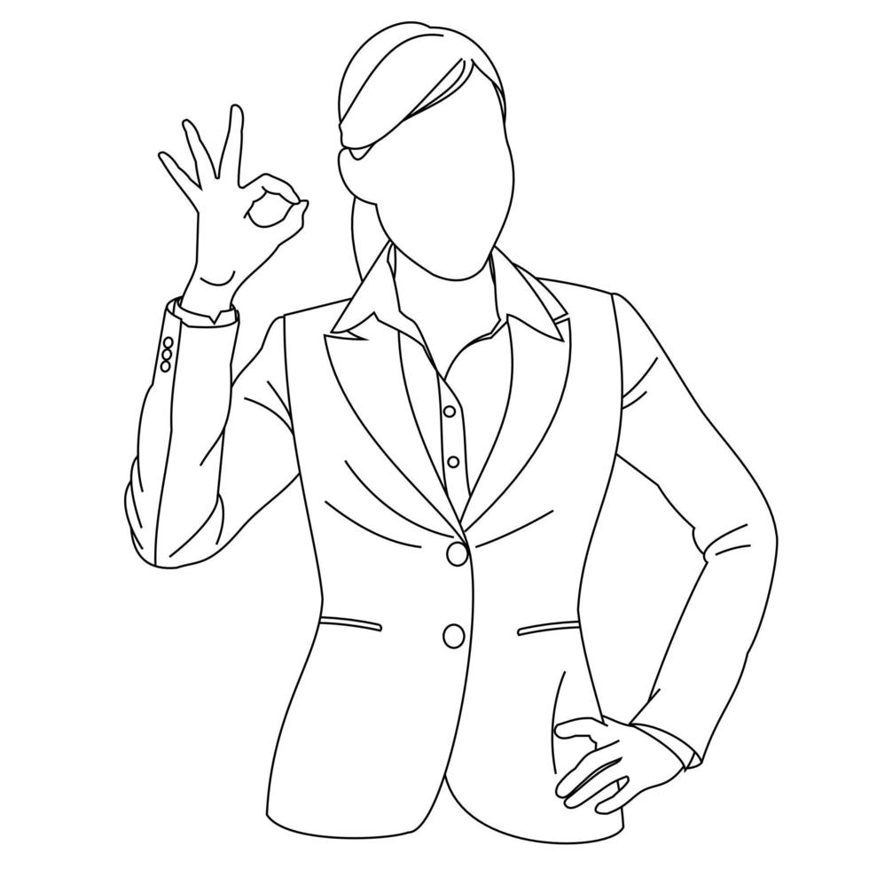 Illustration line drawings a young beautiful business woman showing ok sign. Nice job female, like it. Smiling cheerful girl in casual clothes showing thumbs up and giving positive feedback vector