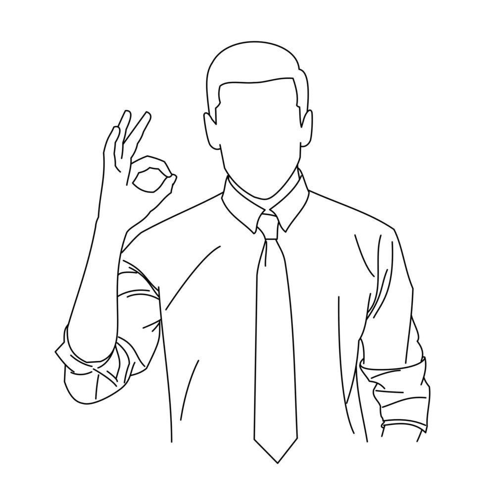 Illustration line drawings a young handsome male showing ok sign. Nice job man, like it. Smiling cheerful guy in casual clothes showing thumbs up and giving positive feedback vector