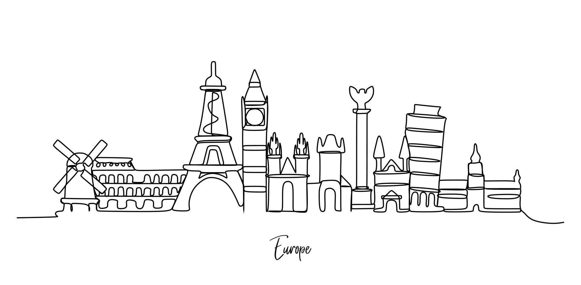 Continuous line drawing of Europe cites skyline. Beautiful city skyscraper. World landscape tourism travel vacation home wall decor poster print concept. Single line draw design vector illustration